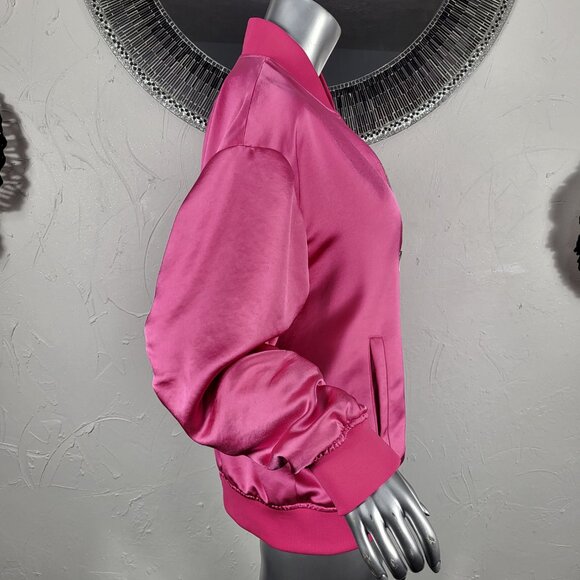 EXPRESS~SZ L~BRIGHT PINK SATIN LIKE FULL ZIP RUCHED SLEEVE BOMBER JACKET COAT - Picture 6 of 16